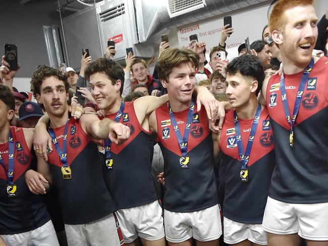 MPFNL Division One Seniors, Grand Final: Dromana FNC Seniors vs Mt Eliza FNC Seniors played at Kinetic Park, Frankston, Victoria, Sunday 15th September 2024.  Mt Eliza celebrate in the rooms after their win. Picture: Andrew Batsch