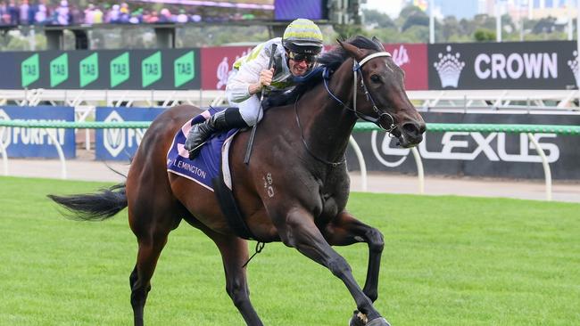 Skybird ridden by John Allen wins the Black Caviar Lightning at Flemington Racecourse on February 15, 2025 in Flemington, Australia. (Photo by Brett Holburt/Racing Photos via Getty Images)