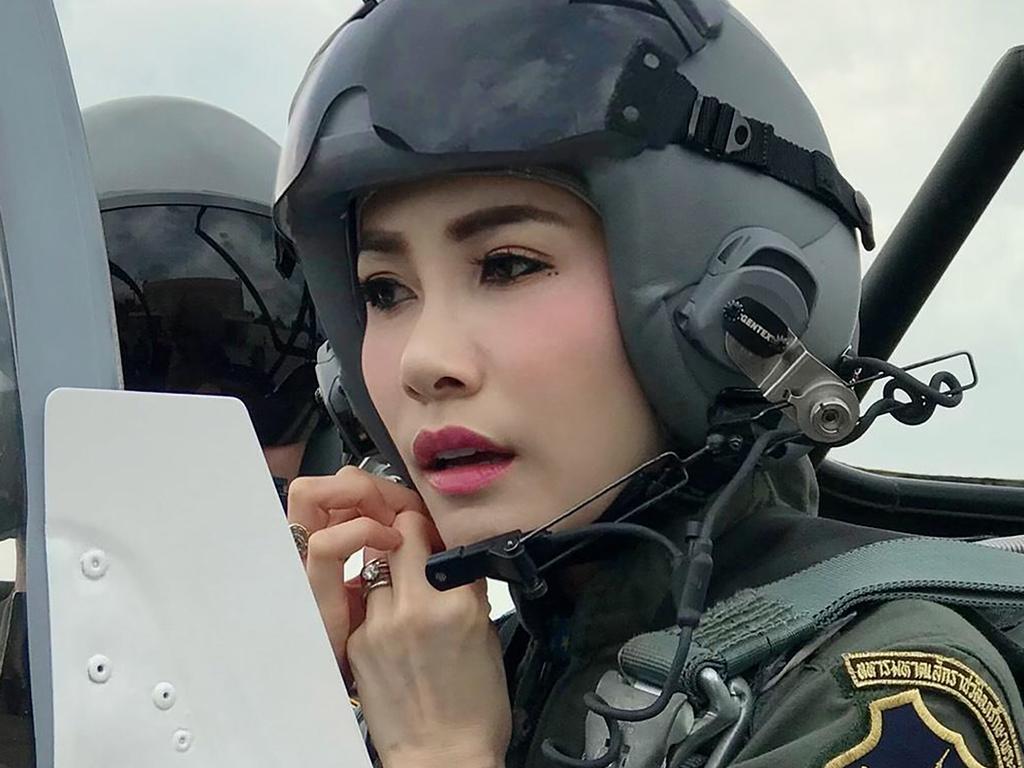 Pilot Sineenat in the cockpit of a military jet. Picture: Thailand Royal Office via AP