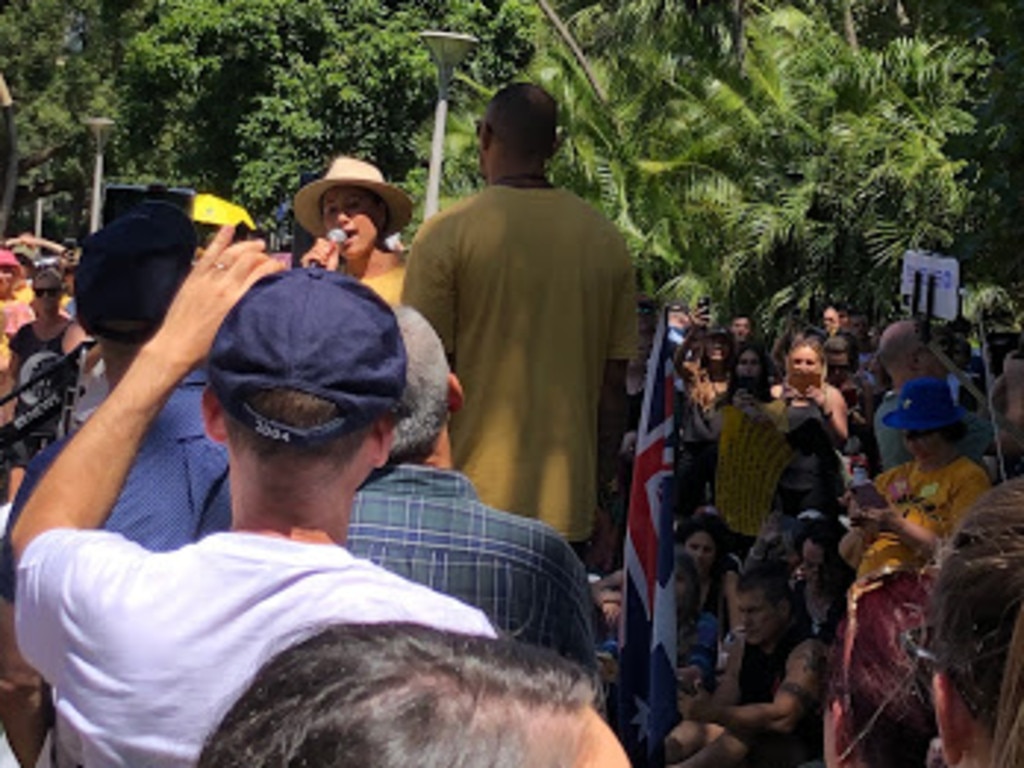 International rugby player Frankie Winterstein and his wife Taylor Winterstein talked to the crowd. Picture: Phoebe Loomes.