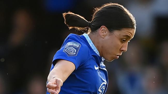 KINGSTON UPON THAMES, ENGLAND - MAY 07: Sam Kerr of Chelsea controls the ball during the FA Women's Super League match between Chelsea and Everton FC at Kingsmeadow on May 07, 2023 in Kingston upon Thames, England. (Photo by Alex Davidson/Getty Images)