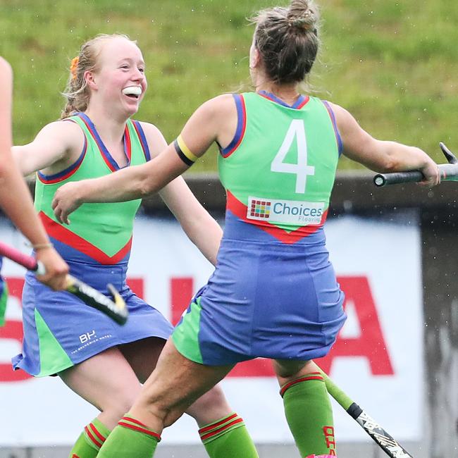 Maddison Brooks (left) and Jean Flanagan of OHA celebrate a goal in the Women's hockey grand final between DiamondBacks and OHA. Picture: NIKKI DAVIS-JONES