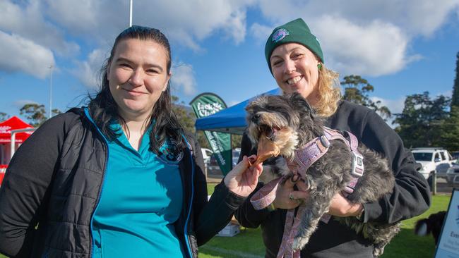 Stall holders Skyla Rosato and Esther Rupenovic with dog Piper at the million paws walk at Queens Domain in Hobart in Sunday 25th May 2025. Picture: Linda Higginson