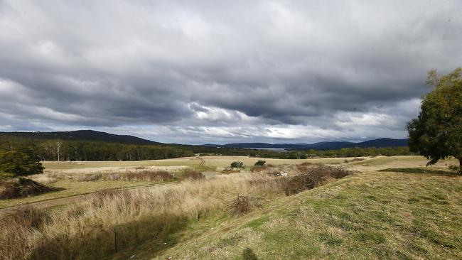 Labor's infrastructure minister, David O'Byrne and shadow housing minister, Alison Standen speak at Huntingfield where a proposed new suburb is to be built. Pictured is a view of the site. Picture: MATT THOMPSON