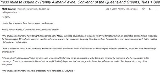 Press release issued by Penny Allman-Payne, Convenor of the Queensland Greens