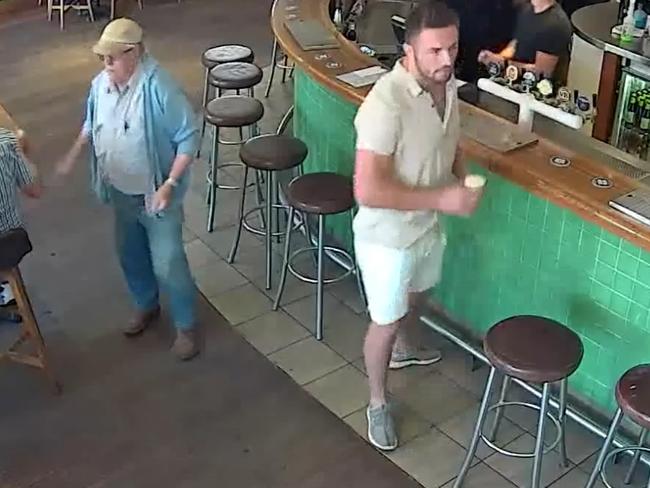 CCTV of Sam Burgess drinking beers and talking to patrons at a Southern Highlands pub shortly before an alleged altercation with his former father in law Mitchell Hooke. Picture: Supplied via NCA NewsWire