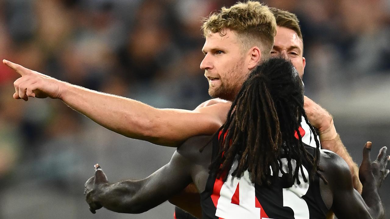 Jake Stringer celebrates a goal against the Blues. Picture: Getty Images