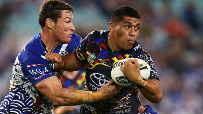 SYDNEY, AUSTRALIA — MAY 11: John Asiata of the Cowboys is tackled by Josh Jackson of the Bulldogs during the round 10 NRL match between the Canterbury Bulldogs and the North Queensland Cowboys at ANZ Stadium on May 11, 2017 in Sydney, Australia. (Photo by Matt King/Getty Images)