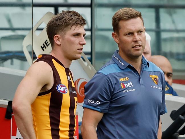 Sam Mitchell and Dylan Moore. Picture: Dylan Burns/AFL Photos via Getty Images