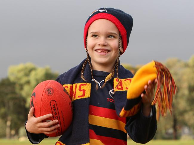 ADELAIDE, AUSTRALIA - Advertiser Photos - JUNE 14, 2023: Young Crows fan Bryce at . Picture: Emma Brasier.