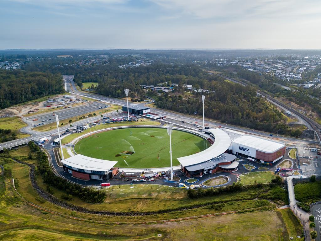 An aerial view of the ground before the 2022 AFLW Season 7 Grand Final match between the Brisbane Lions and the Melbourne Demons at Brighton Homes Arena, Springfield, Ipswich on November 27, 2022 in Ipswich, Australia. (Photo by Dylan Burns/AFL Photos via Getty Images)