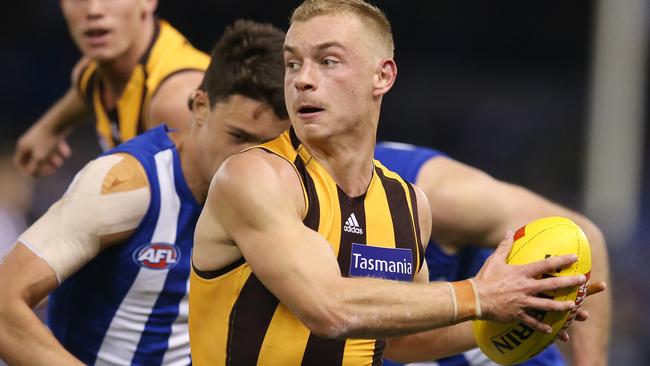 AFL Round 20. 02/08/2019.    North Melbourne v Hawthorn at Marvel Stadium.   Hawthorns James Worpel 1st quarter    .  Pic: Michael Klein