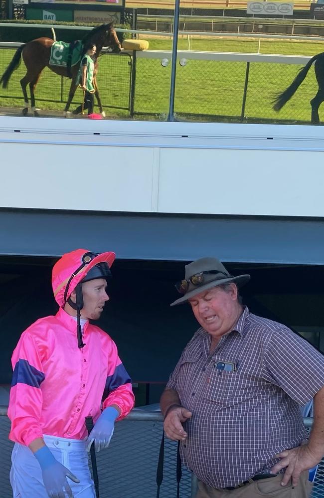 Trainer Craig Smith and jockey Adam Sewell team with Remlaps Lass and Artopia. Photo: Tony McMahon.