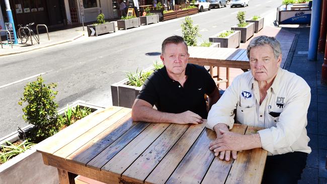 David O’Connell with Woolshed and Black Bull owner John Meek on Hindley Street. Picture: Michael Marschall