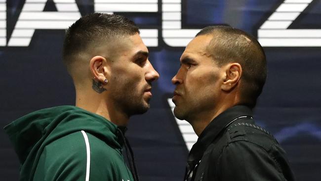 Michael Zerafa and Anthony Mundine face-off during a press conference ahead of their fight this weekend. Picture: Getty