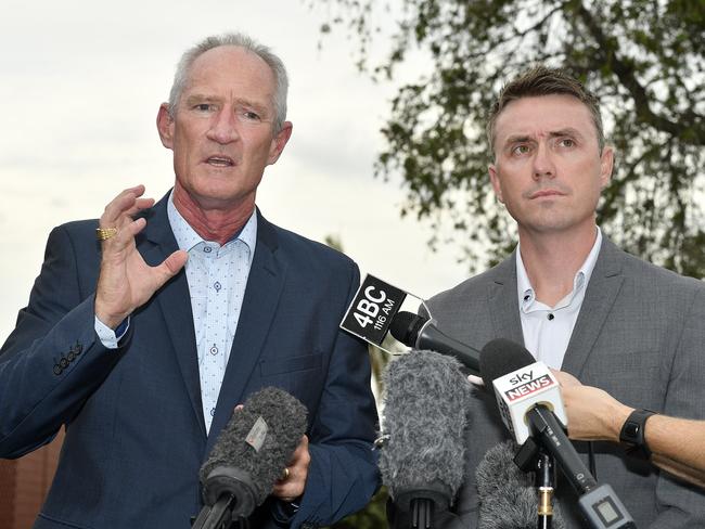 One Nation party officials Steve Dickson (left) and James Ashby field questions during a press conference in Brisbane, Tuesday, March 26, 2019. The pair have been caught  in an al-Jazeera investigation which used hidden cameras and a journalist posing as a grassroots gun campaigner to expose the far-right partyÕs extraordinary efforts to secure funding in Washington DC in September.(AAP Image/Dave Hunt) NO ARCHIVING, EDITORIAL USE ONLY