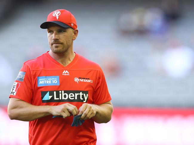 MELBOURNE, AUSTRALIA - JANUARY 20: Aaron Finch of the Renegades looks on prior to the Big Bash League match between the Melbourne Renegades and the Melbourne Stars at Marvel Stadium, on January 20, 2021, in Melbourne, Australia. (Photo by Robert Cianflone/Getty Images)