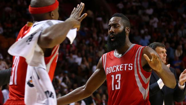 James Harden and Jason Terry celebrate during their easy win over Miami.