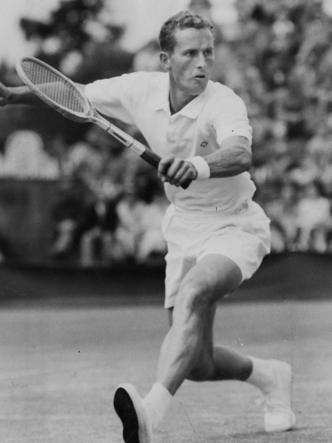 Neale Fraser on his way to winning the SA men's singles tennis championship over Lew Hoad at Memorial Drive, North Adelaide, 1956. Picture: Supplied