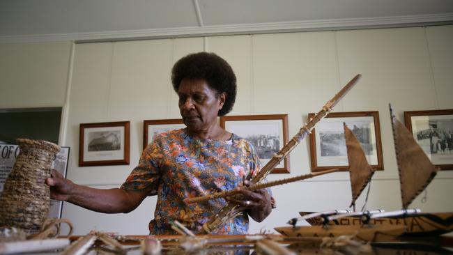 This 2005 photo shows Doris Leo with artifacts from Vanuatu which were sent to the South Sea Islander Museum at Joskeleigh. Photo Russell Shakespeare.