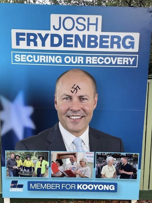 Treasurer Josh Frydenberg posted a video of his vandalised election poster to social media.