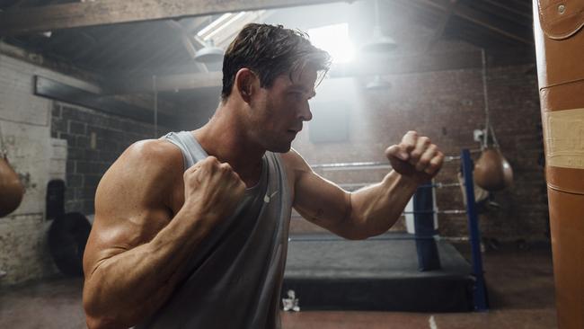 Chris Hemsworth in the gym for his new app Centr. Picture: Greg Funnell