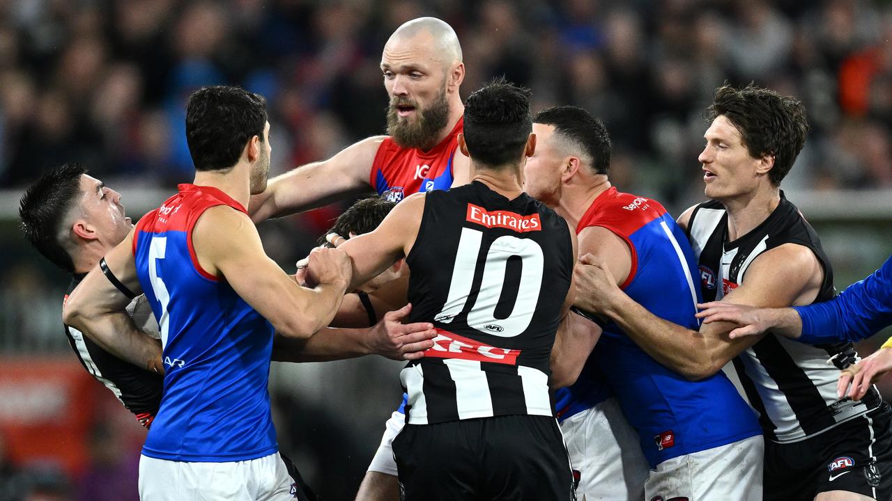 Max Gawn (third left) and Christian Petracca (second left) were reportedly at Brayshaw’s home when Maynard (far left) arrived. (Photo by Quinn Rooney/Getty Images)