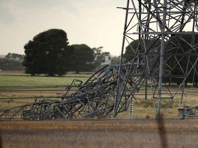 WIld weather brought down powerline towers near Carrs Rd Anakie. Picture: Alison Wynd