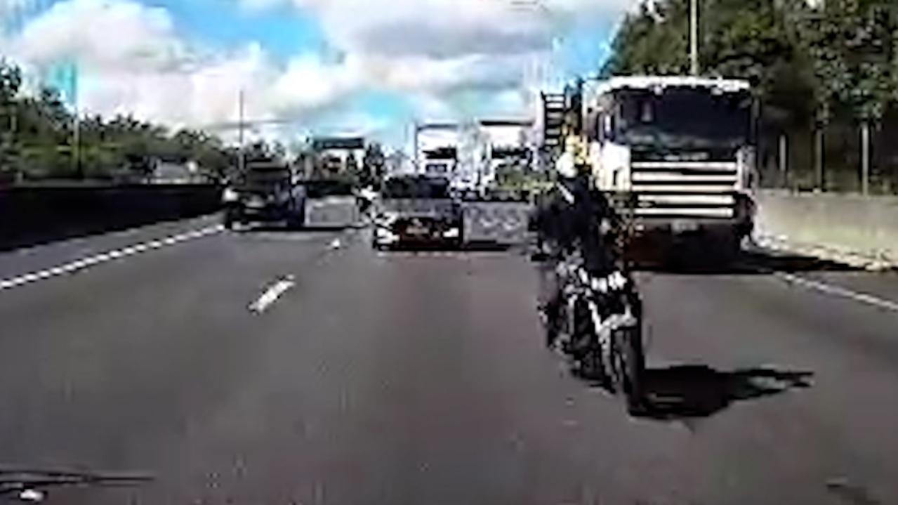 Dashcam footage of a motorbike travelling at high speed on the Warrego Hwy moments before a fatal crash at Haigslea.