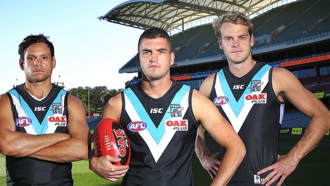 Port Adelaide recruits Steven Motlop, Tom Rockliff and Jack Watts. Picture Sarah Reed