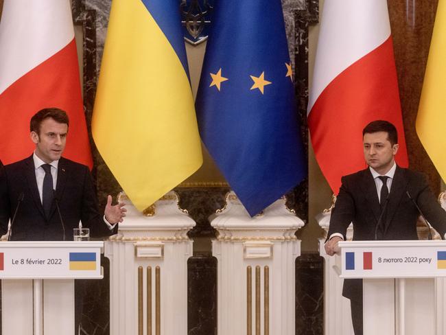 French President Emmanuel Macron with Ukrainian President Volodymyr Zelensky in Kiev. Picture: Getty Images