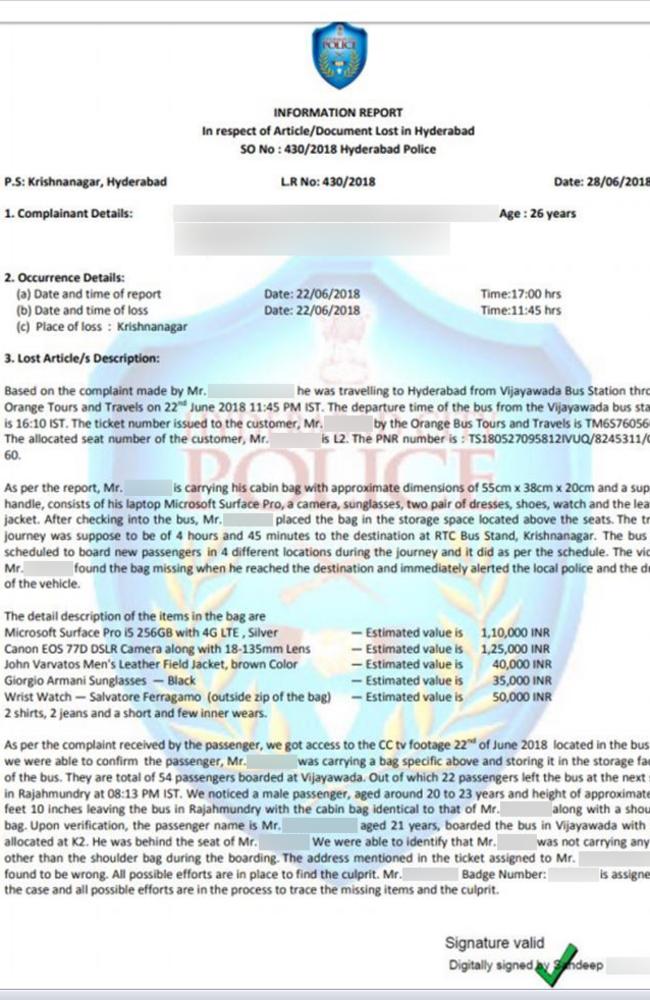 An insurance cheat tried to make a $7000 lost belongings claim using this fake police report from India. (Names withheld for privacy.)