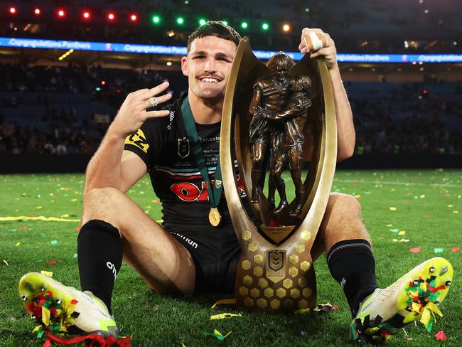 SYDNEY, AUSTRALIA - OCTOBER 01:  Nathan Cleary of the Panthers poses with the Provan-Summons Trophy after winning the 2023 NRL Grand Final match between Penrith Panthers and Brisbane Broncos at Accor Stadium on October 01, 2023 in Sydney, Australia. (Photo by Matt King/Getty Images)