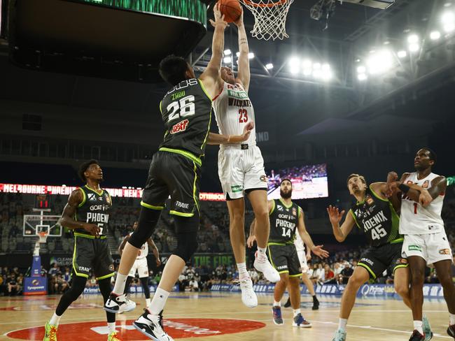 Phoenix star Zhou Qi struggled with foul trouble against Perth last round. Photo: Daniel Pockett/Getty Images.