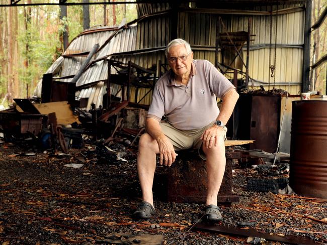 Maxwell French, 78, surveys the wreckage of his shed and classic cars. Picture: Nathan Edwards