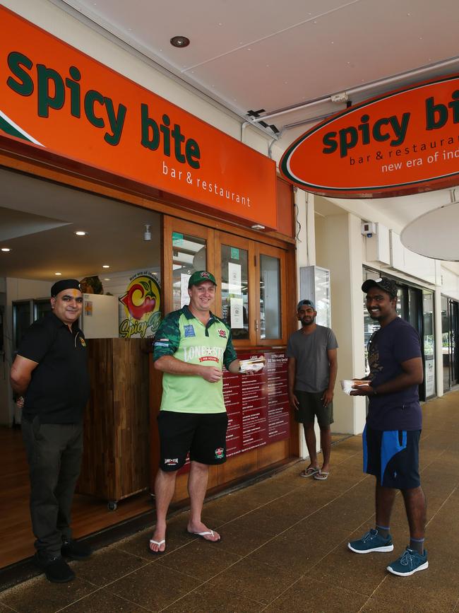 Rovers Cricket Club have asked their members to help feed overseas students who have lost their part time jobs in Cairns. Chef Daulat Panwar and Rovers President Mark Malone have so far 100 orders for students Jerry John and Akhil Narayanan. PICTURE: BRENDAN RADKE