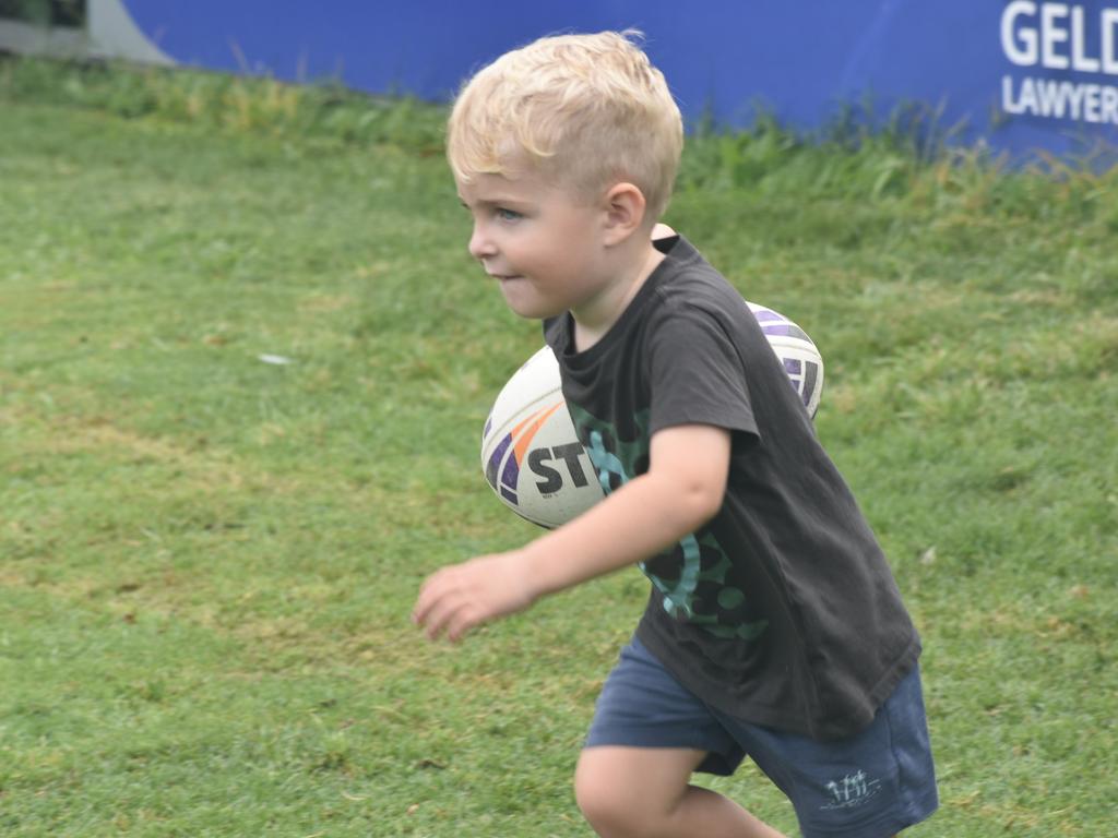 Young footy fan Maverick Schulte at the CQ Capras versus Mackay Cutters under-17 and under-19 pre-season trials at Rugby Park, Rockhampton, on February 1, 2025.