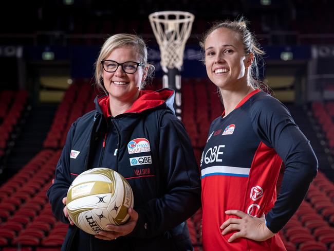 30/06/23. The Sunday Telegraph. Sport.Homebush. Sydney, NSW, Australia.Portraits of NSW Swifts Head Coach Briony Akle & Co-Captain Paige Hadley take at Qudos Bank Arena in Homebush.Pics by Julian Andrews.