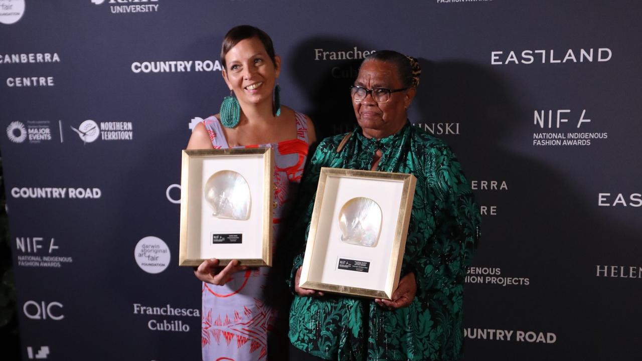 National Indigenous Fashion Awards winners from the Yarrabah Arts and Cultural Precinct, Gunggandji Yarrabah artist Simone Arnol and Gunggandji weaver Philomena Yeatman on Larrakia Country, Darwin. Picture: Zizi Averill