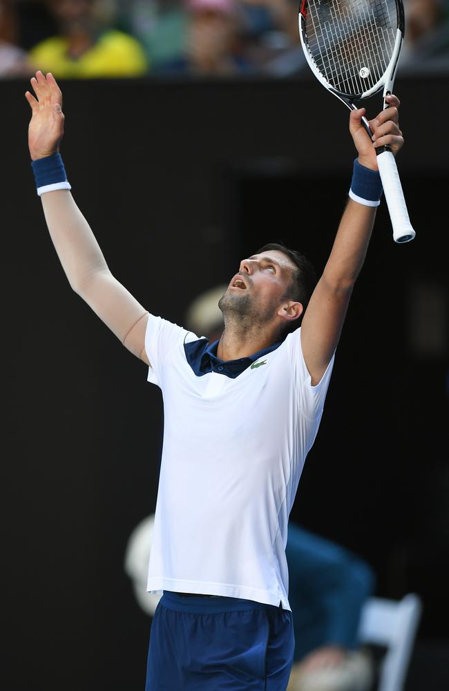 A relieved Novak Djokovic after his win over Gael Monfils. Picture: AAP