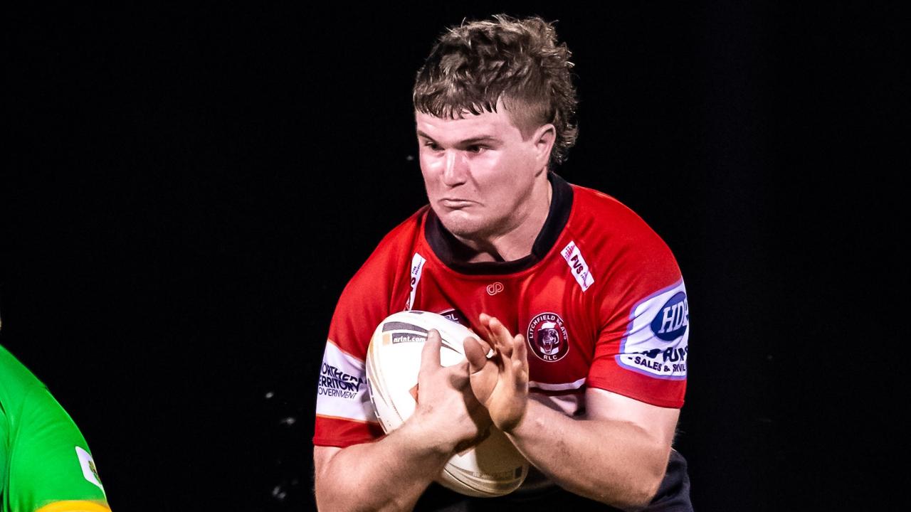 Litchfield Bears' Jake Crawley braces for a tackle in the 2023 NRL NT competition. Picture: Patch Clapp / NRL NT