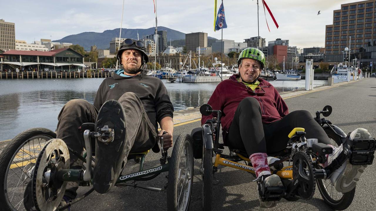 Lenny Deacon is a former sheep shearer from King Island who is cycling around Australia to raise awareness for mental health pictured with Randall Treloyn at Hobart waterfront. Picture: Caroline Tan