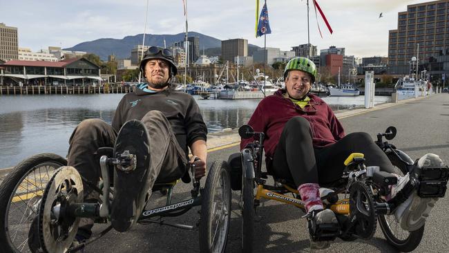 Lenny Deacon is a former sheep shearer from King Island who is cycling around Australia to raise awareness for mental health pictured with Randall Treloyn at Hobart waterfront. Picture: Caroline Tan