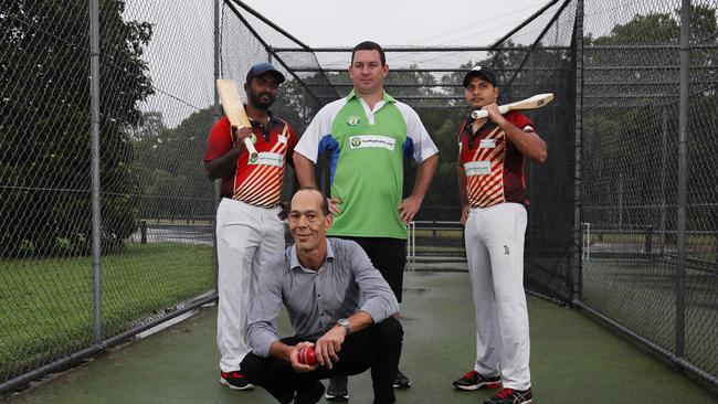 Cairns cricketers have joined forces to form a local Last Man Stands Twenty20 cricket competition. Player Akhil Narayanan Nair, umpire Jack Osborne, player Ashwin Laileswaran and organiser Jaime Newfield (crouching) will kick off the competition on July 12. PICTURE: BRENDAN RADKE