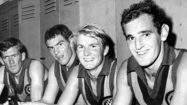 State squad footballers (l-r) Trevor Stanton (Central District), Craig McKellar (Woodville), Peter Endersbee (Sturt) and Craig Cock (South Adelaide) after first training session at Adelaide Oval 29 Apr 1969.