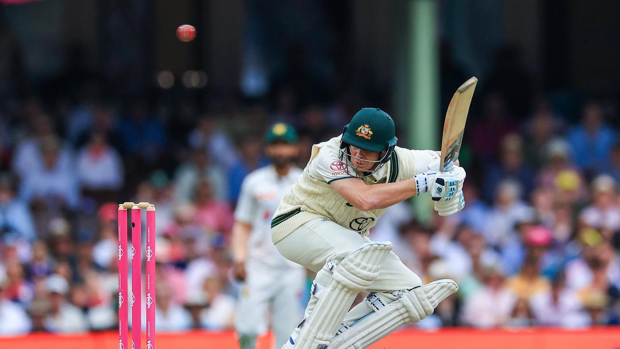 Steve Smith ducks under a bouncer on day two. Picture: Getty