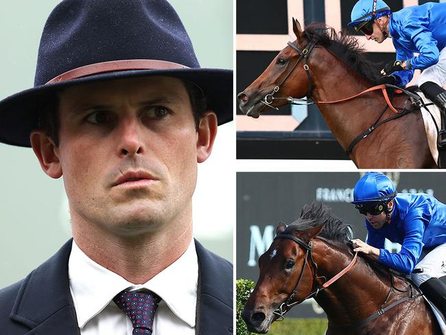 Trainer James Cummings saddles up Zardozi (top right) and Tom Kitten at Randwick on Saturday.