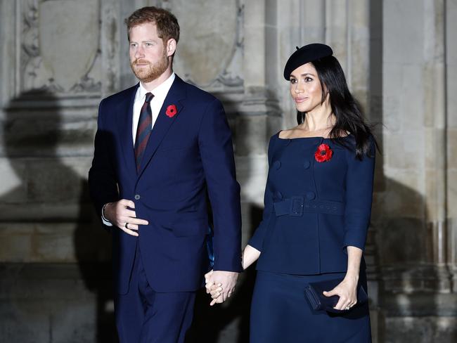 Prince Harry, Duke of Sussex and Meghan, Duchess of Sussex attend a service marking the centenary at Westminster Abbey. Picture: Getty Images