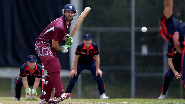 Caboolture batsman Glen Batticciotto keeps an eye on the ball.