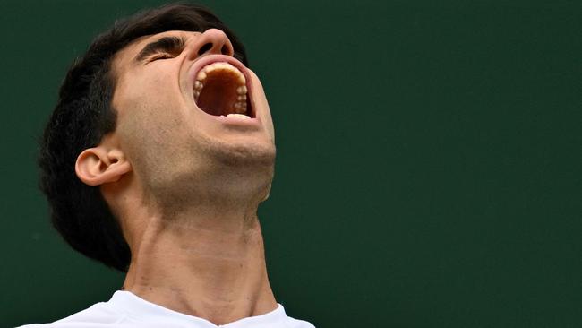 Spain's Carlos Alcaraz celebrates winning against Russia's Daniil Medvedev. (Photo by ANDREJ ISAKOVIC / AFP)